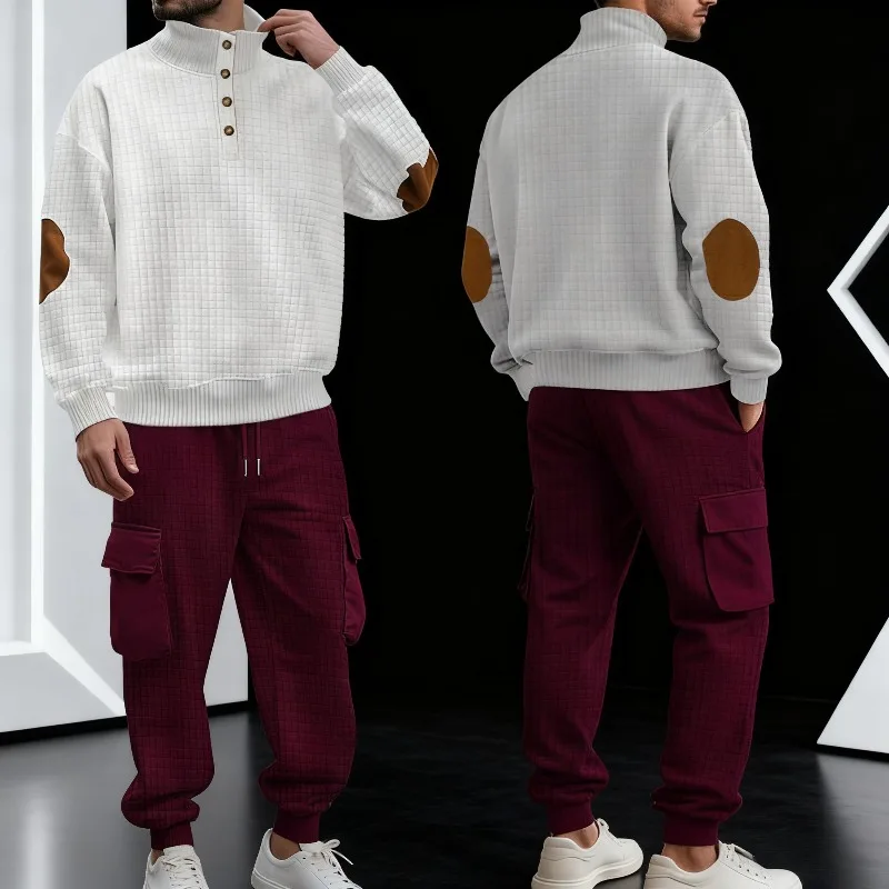 

2025 Men‘s 2-Piece Set Cargo Pants & Hoodie, Casual Knitted Flannel Tracksuit for Sports Streetwear