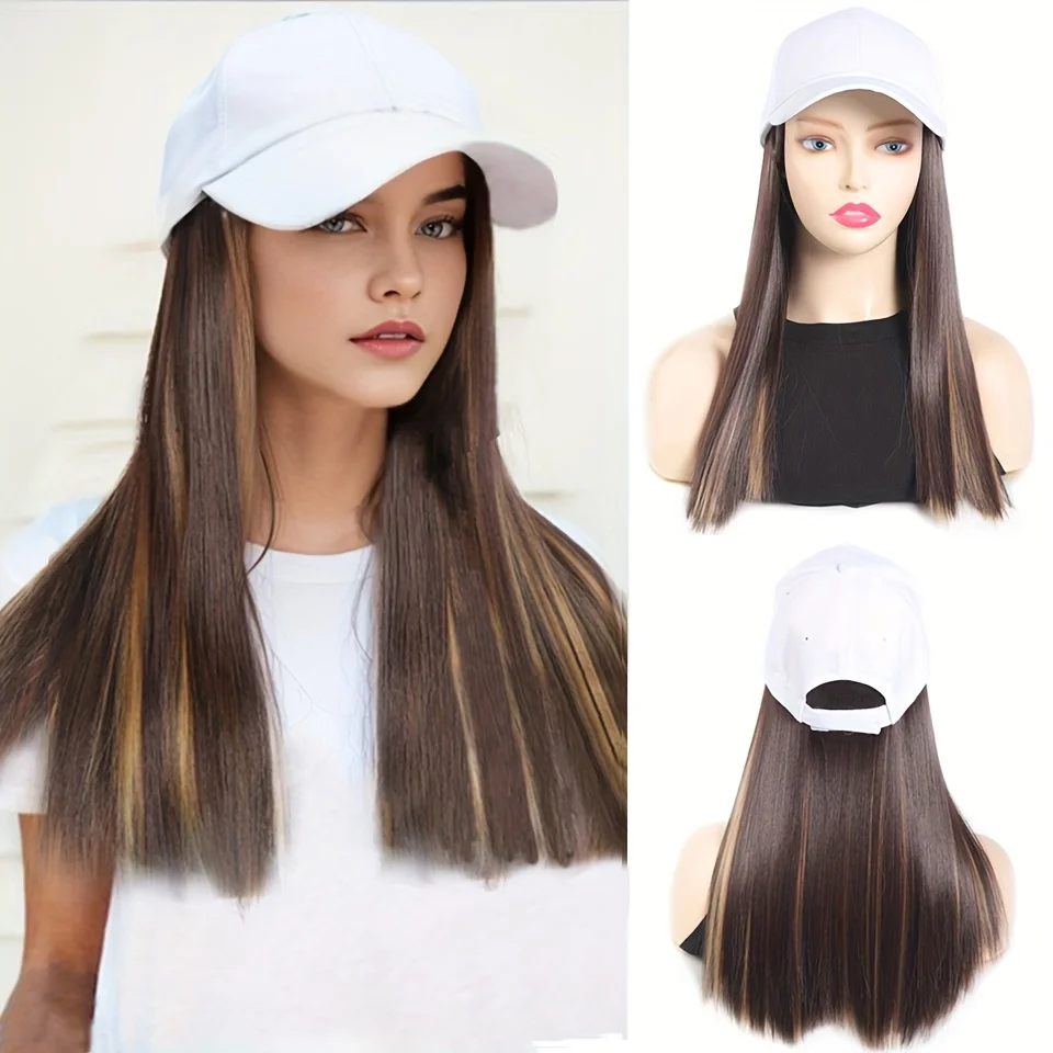 Baseball Cap Style Women'S Hat Wig, Brown Black Cold Brown Golden Highlights Synthetic Hair, 14-inch Fashion Hat Wig for Ladies