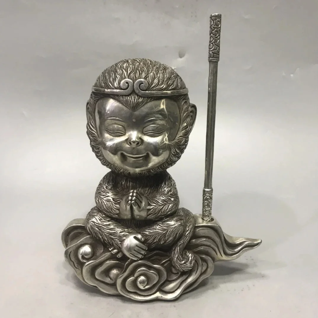 Exquisite Antique White Copper Qi Tian Da Sheng Sun Wukong Home Decoration Handicraft Ornaments