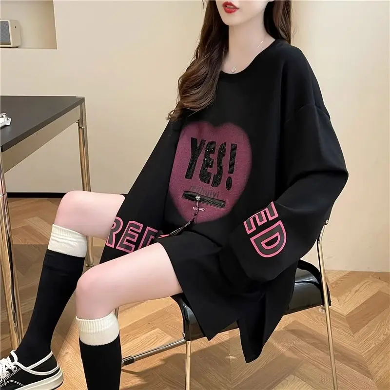 

Fashion O-Neck Loose Printed Spliced Zipper Diamonds T-Shirt Female Clothing 2023 Autumn Oversized Casual Tops Korean Tee Shirt