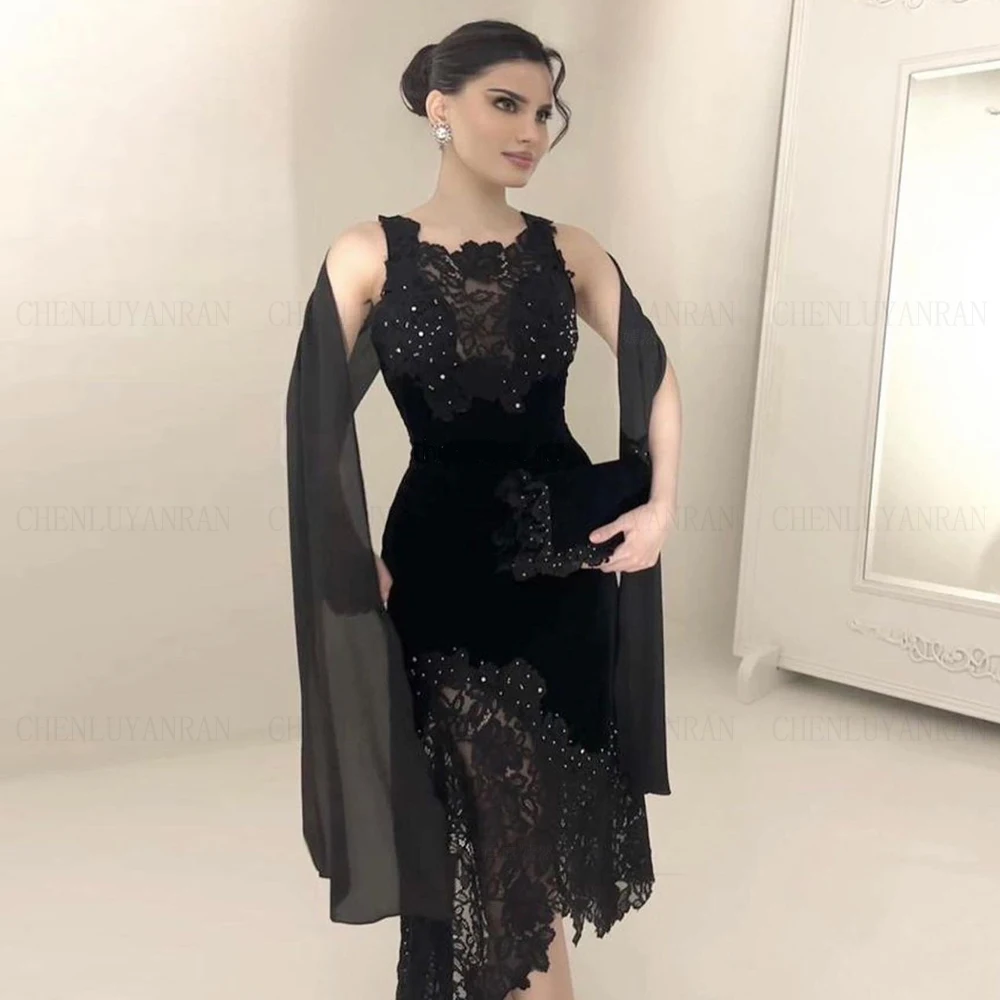 Black Mermaid Formal Occasion Dresses 2023 Velour Lace Sexy Ball Gowns With Shawl Short Evening Party Gowns فساتين الحفلات