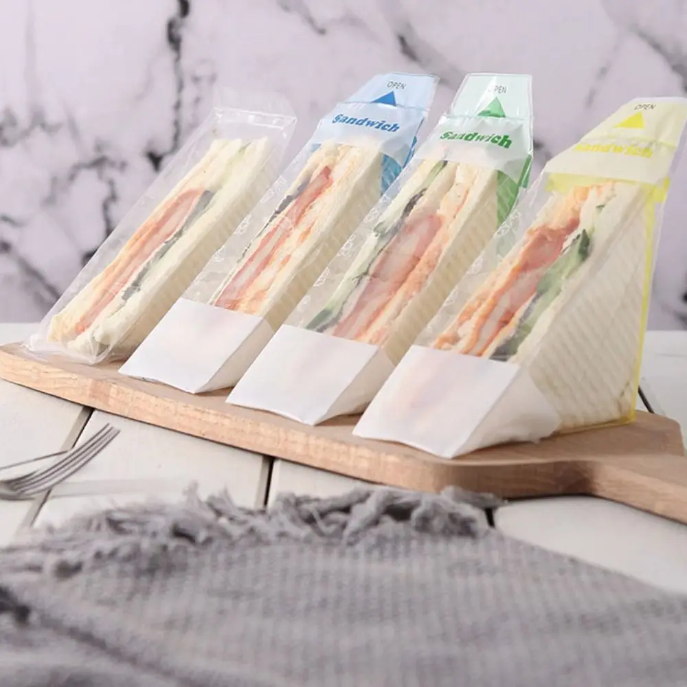 

100 шт. пластиковые одноразовые упаковочные пакеты для сэндвичей, треугольные легко рваемые пакеты для хлеба, прозрачные обертки для сэндвичей с принтом, свадебные