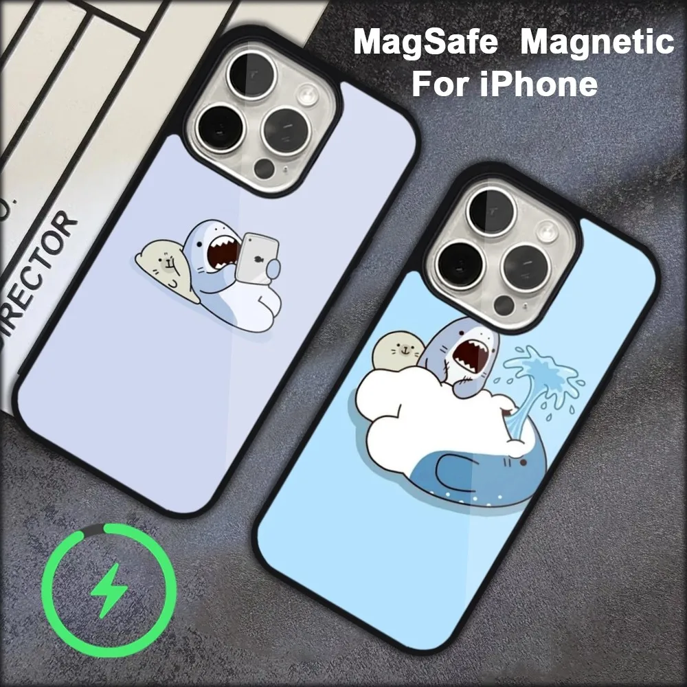 Cute Shark Funny Phone Case for IPhone 15 14 13 12 11 Pro Max Plus Magsafe Black Soft Cover