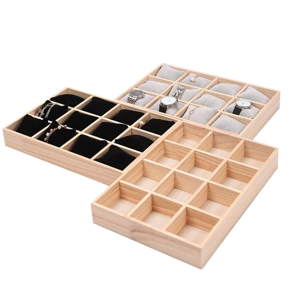 Solid Wood Watch Bracelet Jewelry Storage Display Tray 12 Grid Chain Pillow Holder Beads Necklace Organizer Showcase Cushion Box