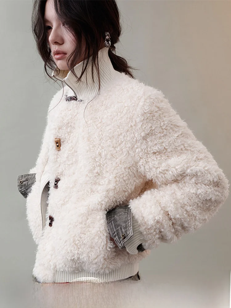 

Genesis Velvet Reconstructed 2025 Early Autumn Braided Button Splicing Stand Collar Fur ort Jaet Women's Casual Sle Hig...