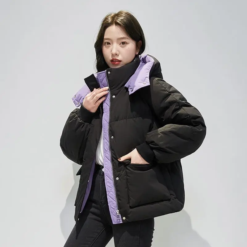 

Chic Short Puffer Jacket Winter Clothing Women Coat Streetwear Warm Parkas Long Sleeve Zipper Hooded Coat Patchwork Outerwear