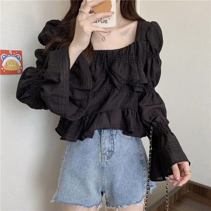 Sweet Solid Color Women\'s Clothing Ladies Fashion Patchwork Tops Spring Autumn Casual Pullovers Square Collar Pleated T-Shirts