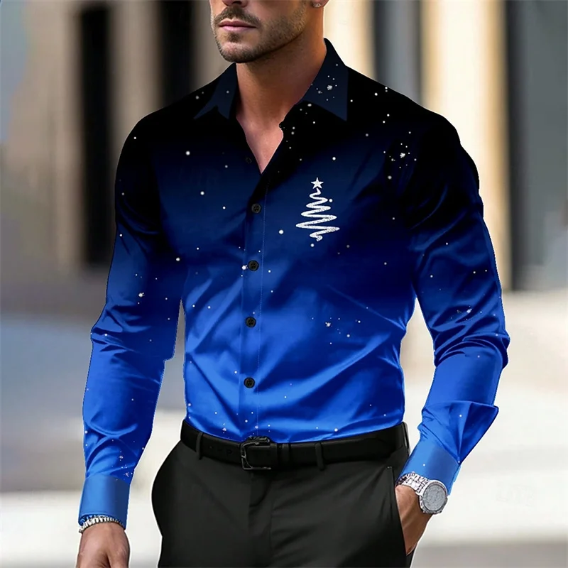 

Christmas Men's Christmas Tree Printed Shirt Button Lapel Long Sleeve Party Evening Daily Autumn and Winter Thin Section XS-6XL