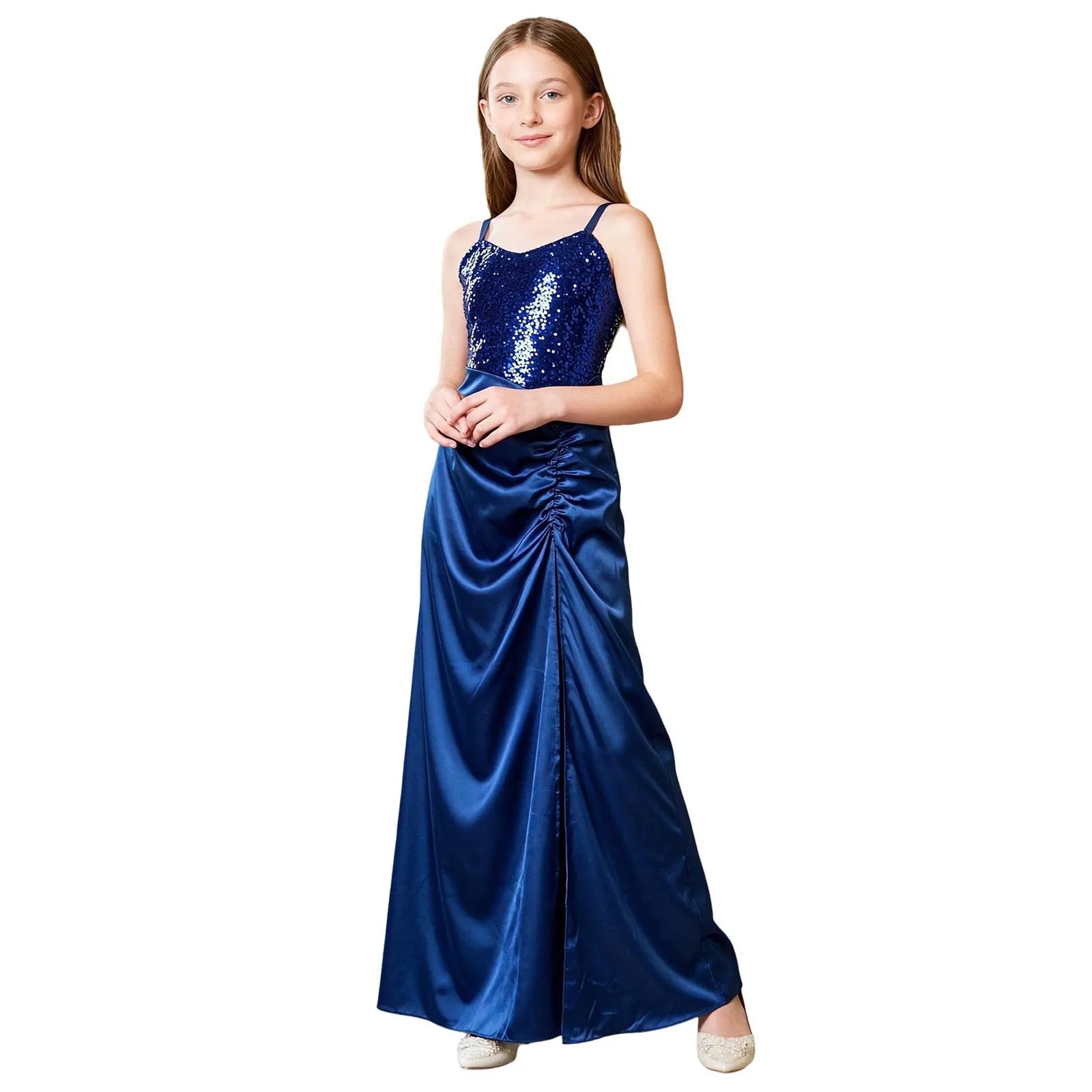 Flower Girls Dresses Wedding Party Gown Spaghetti Straps Sequins Ruched Satin Junior Bridesmaid Dress First Communion Dresses 5