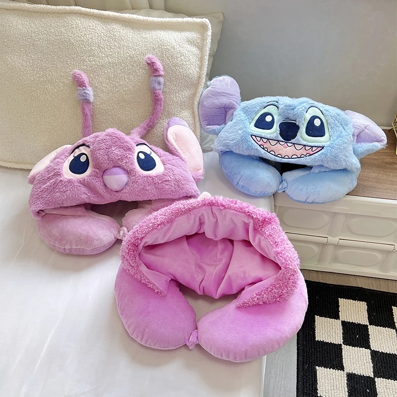 Cute Stitch Angel U-shaped Hooded Pillow Lovely Stuffed Anime Cartoon Neck Pillow Nap Travel Japanese Style Neck Pillow