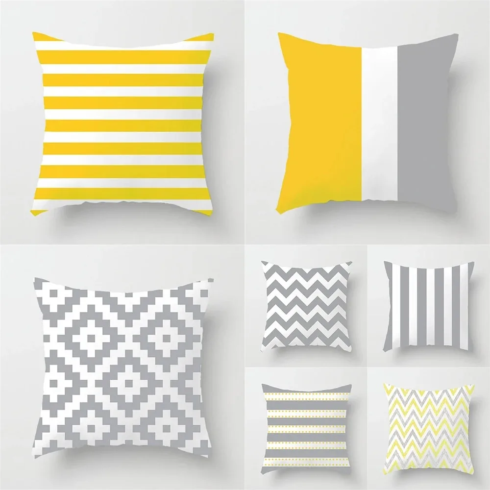 Gray and Yellow Geometric Striped Pillowcase Car Ornaments Living Room Office Home Pillowcase