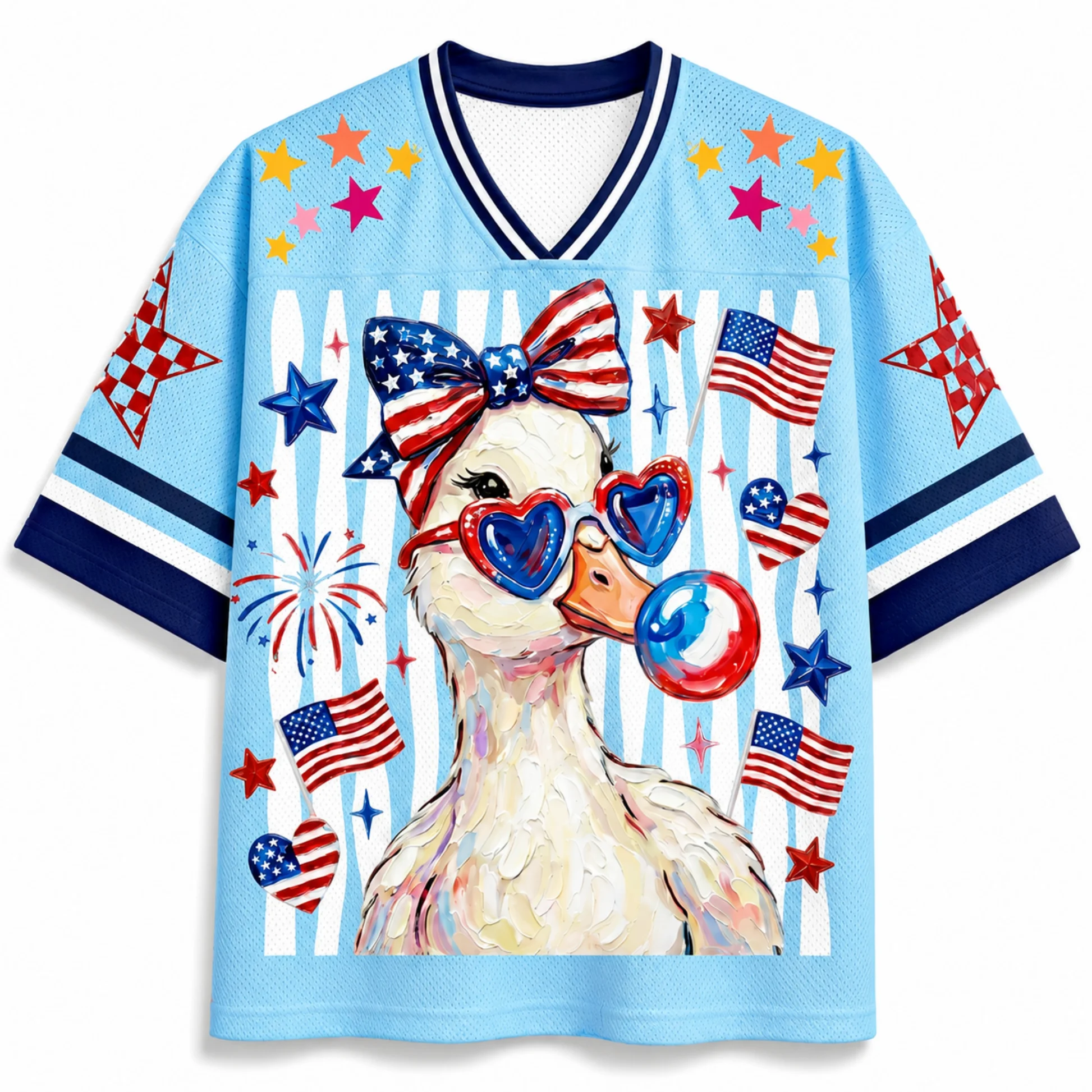 Independence Day Cute Duck American Flag Graphic Jersey V Neck Color Cuff Breathable Loose Holiday Casual Short Sleeve T Shirt