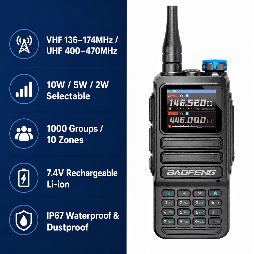 WP-K7 10W IP67 Waterproof Walkie Talkie Dual Band VHF UHF Air Band 1000CH APP Wireless Program Two-Way Radio