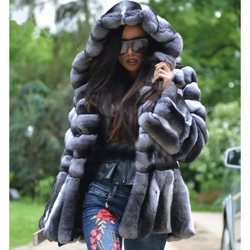 Women Chinchilla Real Rex Rabbit Fur Hooded Coat Fashion Causal Full Pelt Warm Overcoat Jackets Winter Natural Fur Outwear