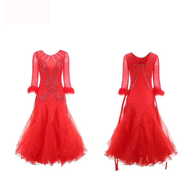 Sukienki na zawody tańca towarzyskiego z białymi piórami i dżetami, stroje do walca, sukienki do tańca towarzyskiego, standardowe stroje taneczne dla kobiet