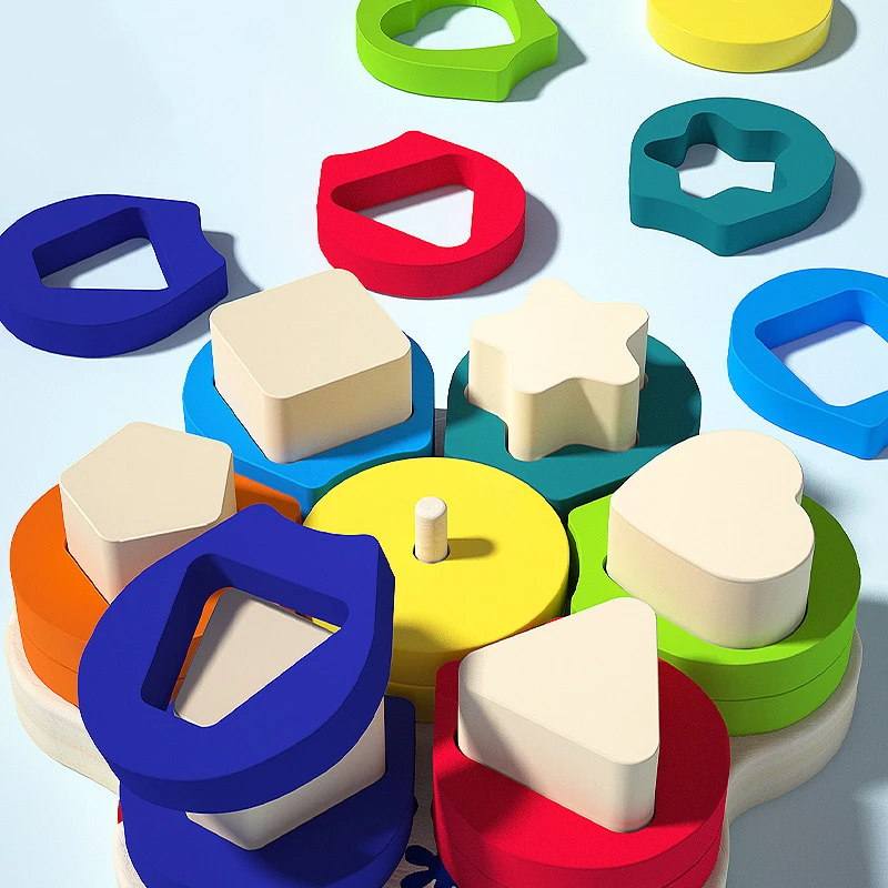 Kid Montessori Toys Colorful Wooden Flower Shape Stacking Toys Children Early Educational Wood Blocks Geometry Puzzle Game Toy