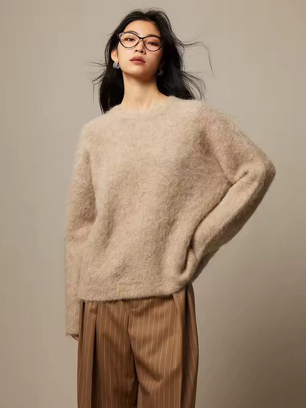 SuyaDream Warm Alpaca Pullovers for Woman, Dropped Sleeved Loose Sweaters, 2025 Fall Winter Top, Camel, Beige - Image 6