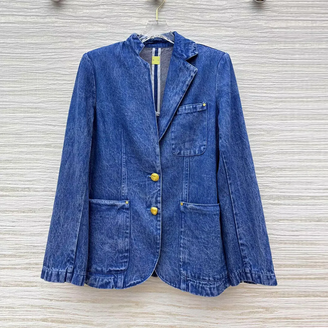 

Retro Royal Blue Snowflake Washed Denim Suit Jacket 2025 New Autumn Notched Patchwork Gold Single Breasted Pockets Chic Blazer