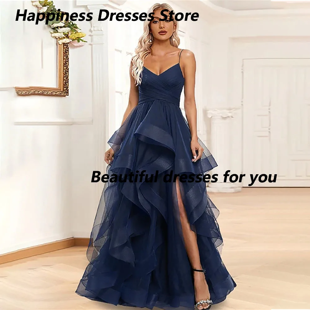 Sexy V-Neck Tulle Evening Dresses Customized Sleeveless Spaghetti strap Asymmetrical Hi-Lo Dresses Pleat Formal Piping Dresses