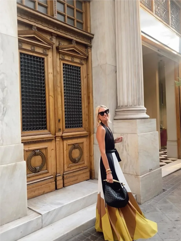 여름 패션 섹시 레이스업 플리츠 맥시 드레스 프린트 패치워크 백리스 홀로우 아웃 여성 드레스 보헤미안 휴가 파티 드레스