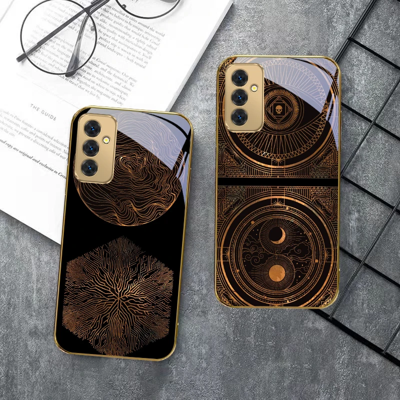 Goldene geometrische Linien für Samsung Galaxy S 21 S22 S23 Plus S24 Ultra S20 FE 25 Ultra S21+ S9+ 22Plus Goldene Glas-Telefonhülle