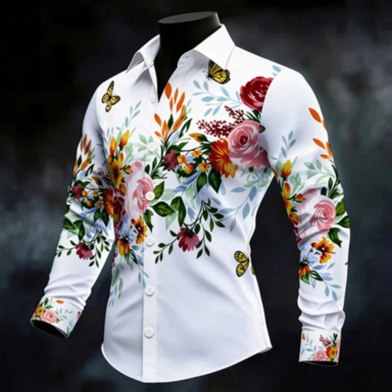 Men's long-sleeved 3D shirt with rose butterfly floral print, men's long-sleeved shirt, European American business casual collar