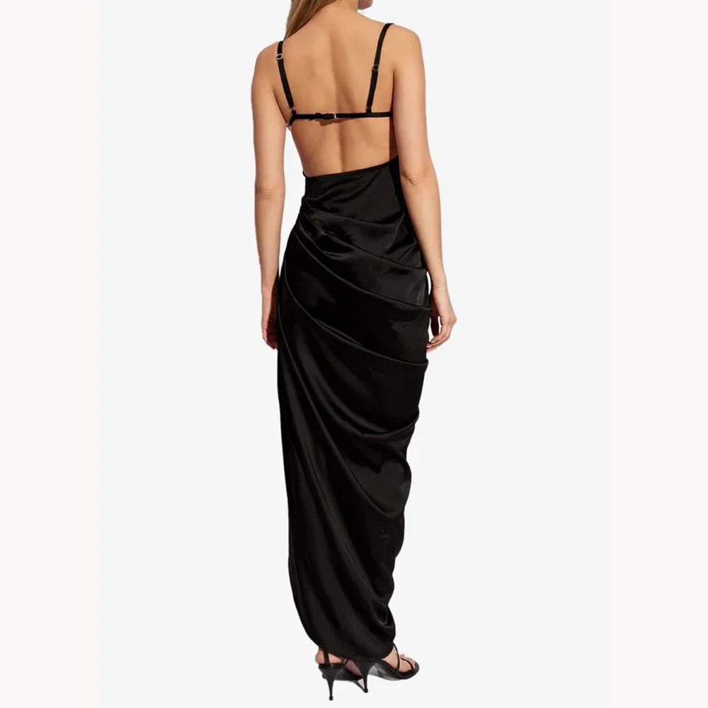 فساتين سهرة سوداء أنيقة فساتين حفلات رسمية طول الكاحل على شكل حرف a دانتيل بدون ظهر فساتين لحضور الحفلات الموسيقية لأعياد الميلاد حسب الطلب