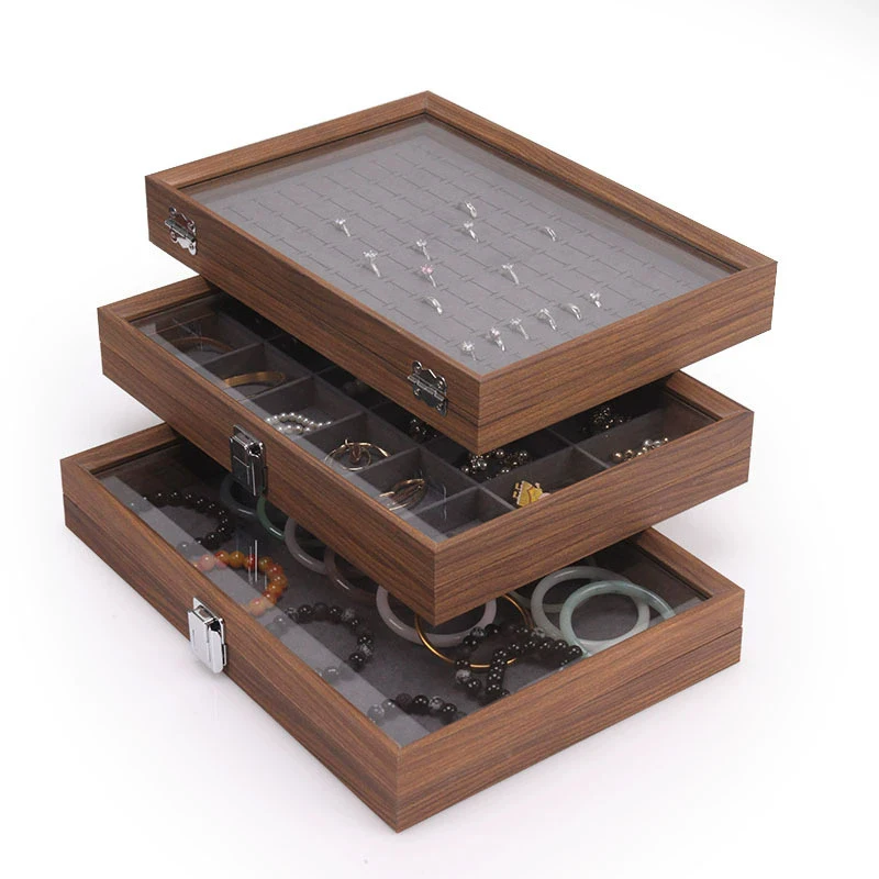 Braune verkörnende innere graue Samt-Schmuckschatulle mit Glasabdeckung, Aufbewahrungsbox für Ringe, Ohrringe, Armbänder, Halsketten, Display-Organizer – Detail 4
