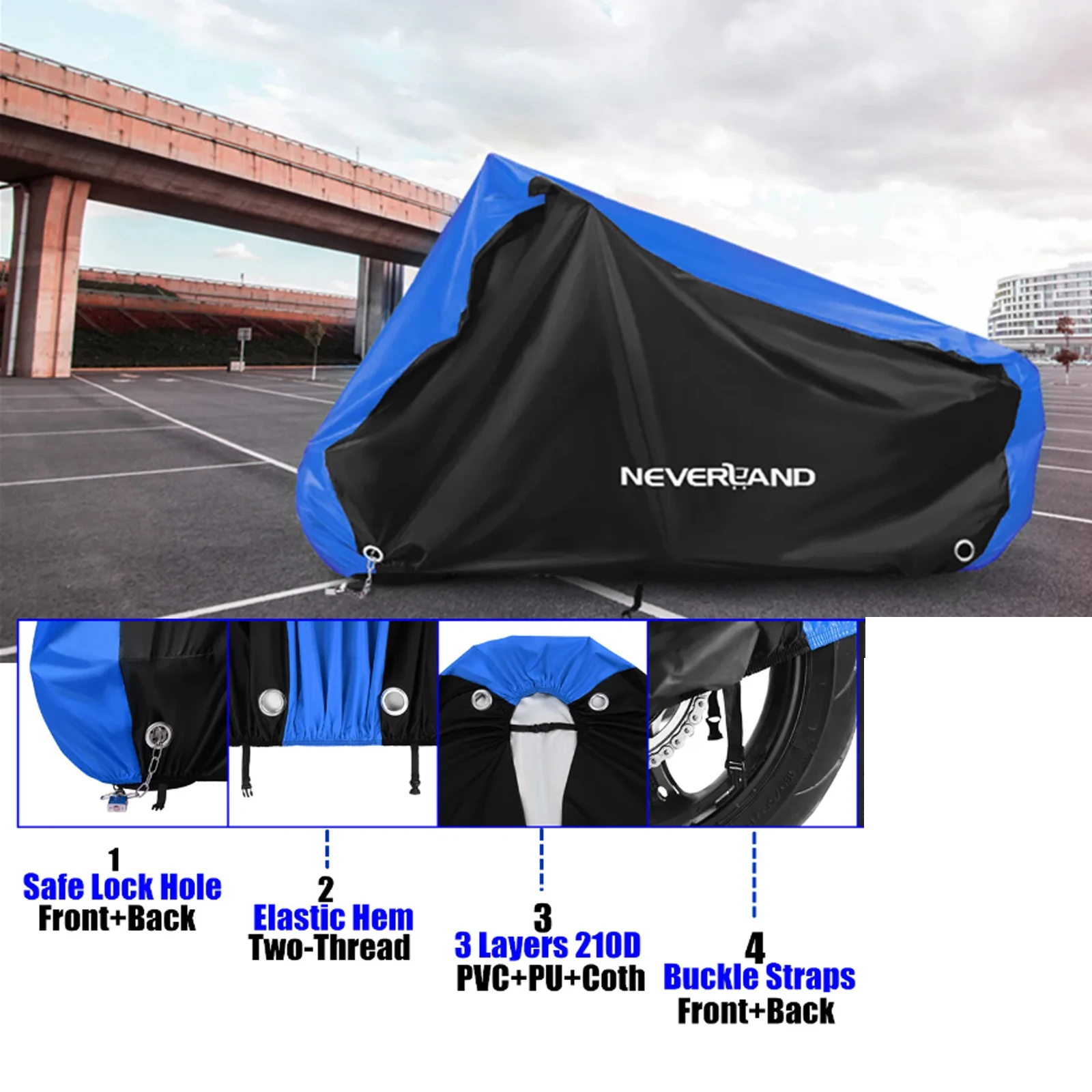 Pokrowiec na motocykl NEVERLAND, akcesoria motocyklowe, rozmiar XL pasuje do motocykli o wymiarach do 205*75*135, czarno-niebieski