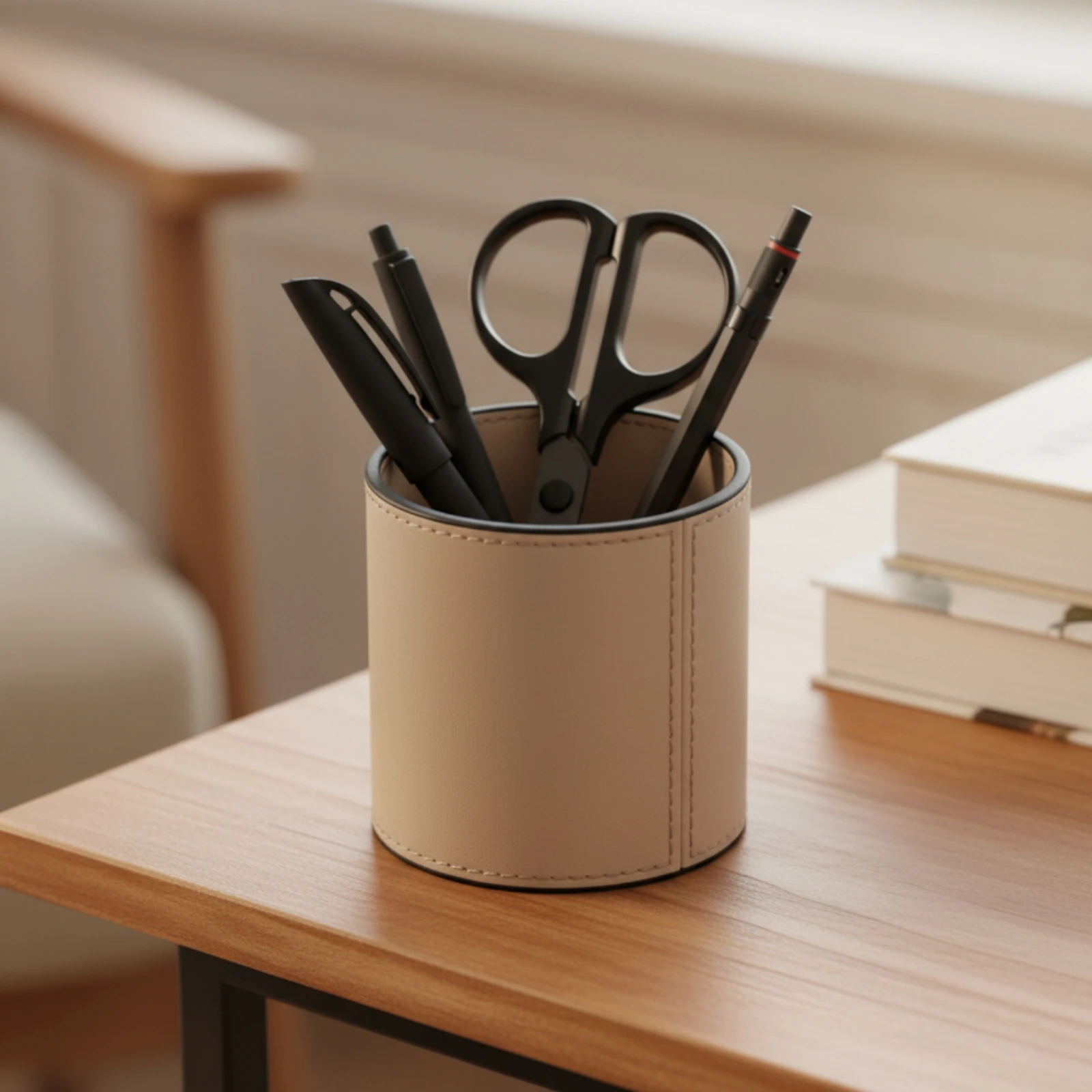 Leather Pen Holder Structured Cylindrical Pencil Cup Leather-Look Desk Cup Minimalist Desktop Stationery Container Compact