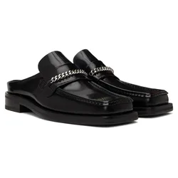 Square Toe Casual Flat Shoes Half Slippers Glossy Leather Metal Button Chain Men Man Shoes Slip-on Summer Comfortable Loafers