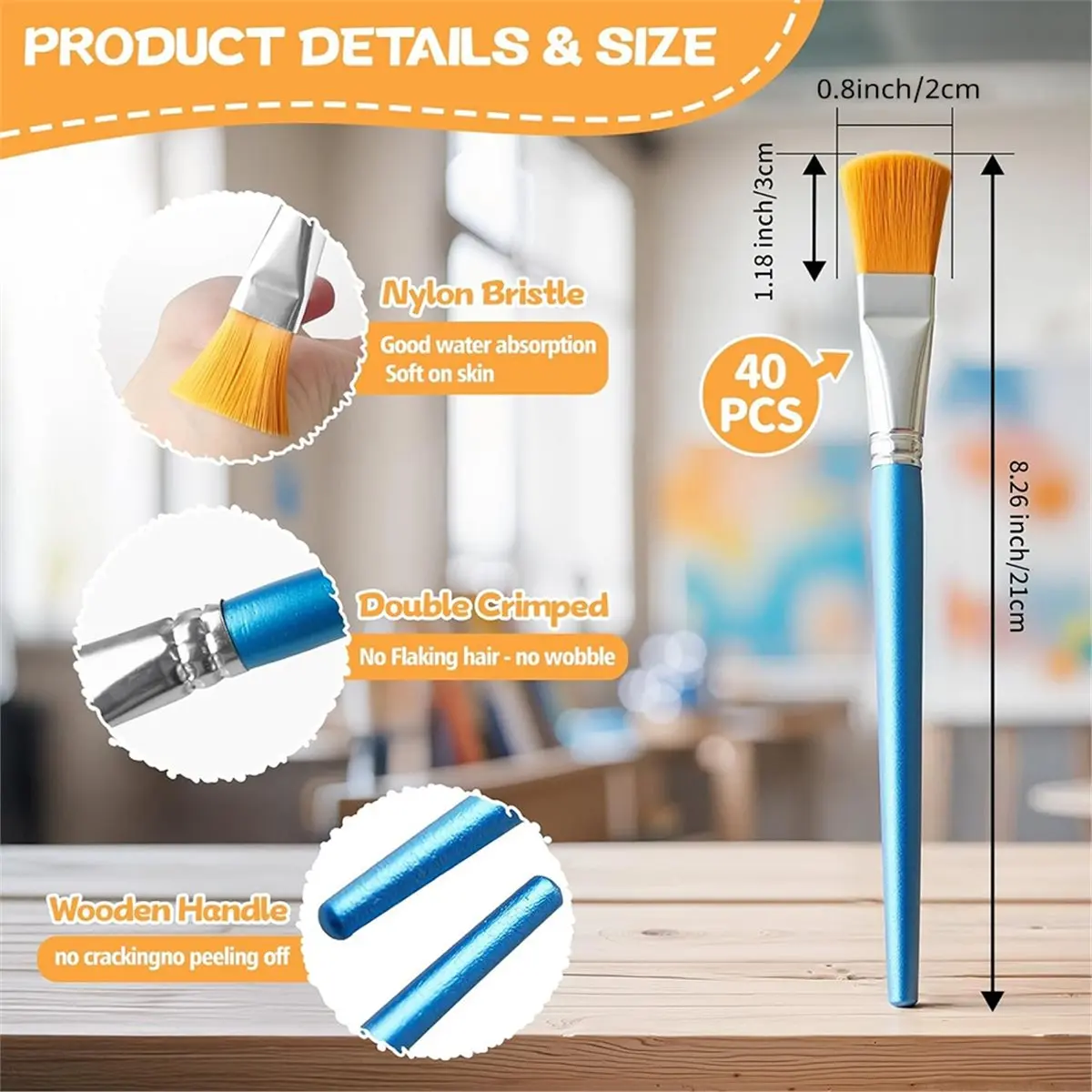 A77K 40-Piece Large Acrylic Paint Brushes Set, 0.8 Inch Craft Brushes for Oil, Watercolor, and Body Painting