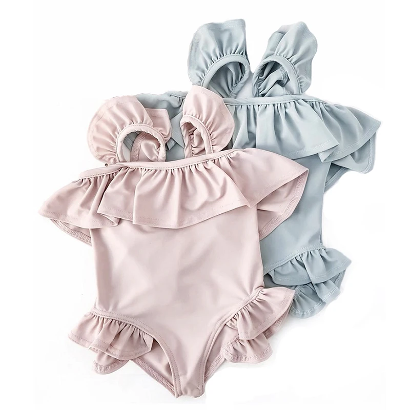 Summer One Piece Swimwear Baby Girl Candy Color Strap Swimsuit Toddler Kid Ruffles Swimming Suit Children's Holiday Beach Wear