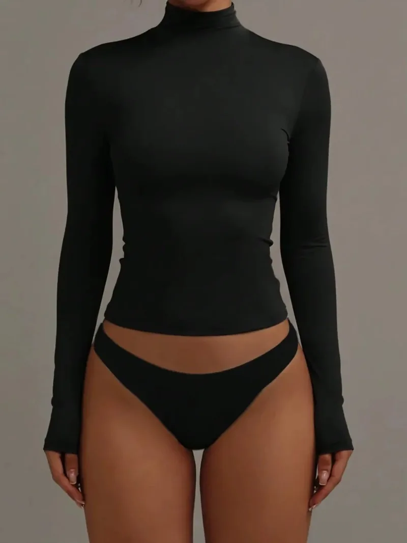 

Женская приталенная блузка с высоким воротом и длинными рукавами, двухслойная, 2025 – Черная