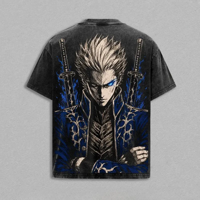 Game Devil May Cry Vergil Graphic T Shirt Men Short Sleeve Clothing Casual Cotton Tshirt Vintage Washed T-shirt Harajuku Tops