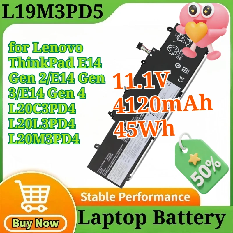 

Аккумулятор L19M3PD5 L19C3PD5 L19D3PD5 L19L3PD5 11.1V 45Wh для Lenovo ThinkPad E14 Gen 2/E14 Gen 3/E14 Gen 4 L20C3PD4 L20L3PD4 L20M3PD4