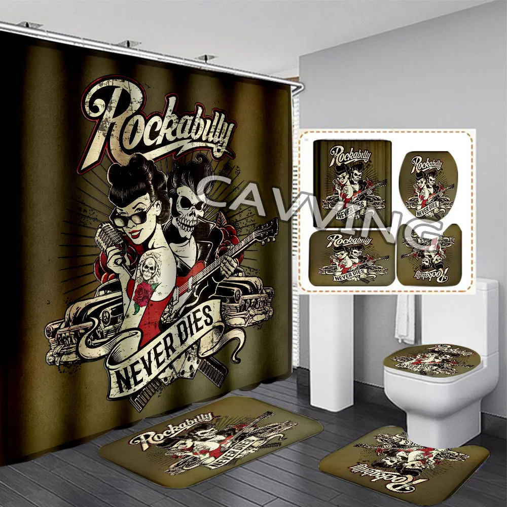 

Rockabilly Art 3D Shower Curtains Waterproof Bathroom Curtain Anti-slip Bath Mat Set Toilet Rugs Carpet Home Decor R01