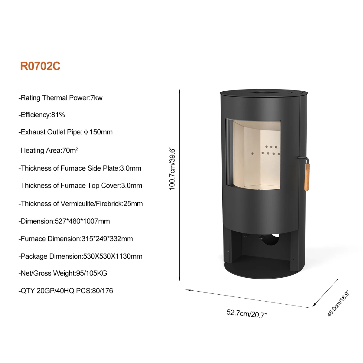 7KW Round Design Eco-Friendly Indoor Wood Burning Secondary Air Supply  Wood Stove with Woodlog Storage
