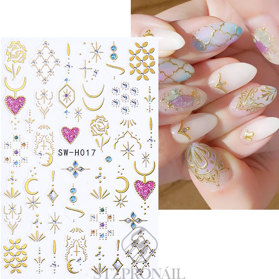 Bohemian Gold Metallic Nail Sticker 3D Butterfly Insect Petal Tulip Rose Bee Lace DIY Holographic Bronzing Manicure Accessories