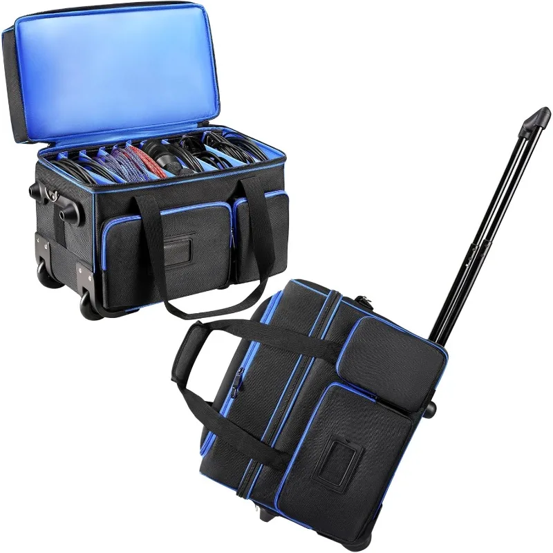 Rolling DJ Cable Bag with Large Capacity & Multi-pocket, DJ Equipment Roller Soft Bag Padded DJ Travel