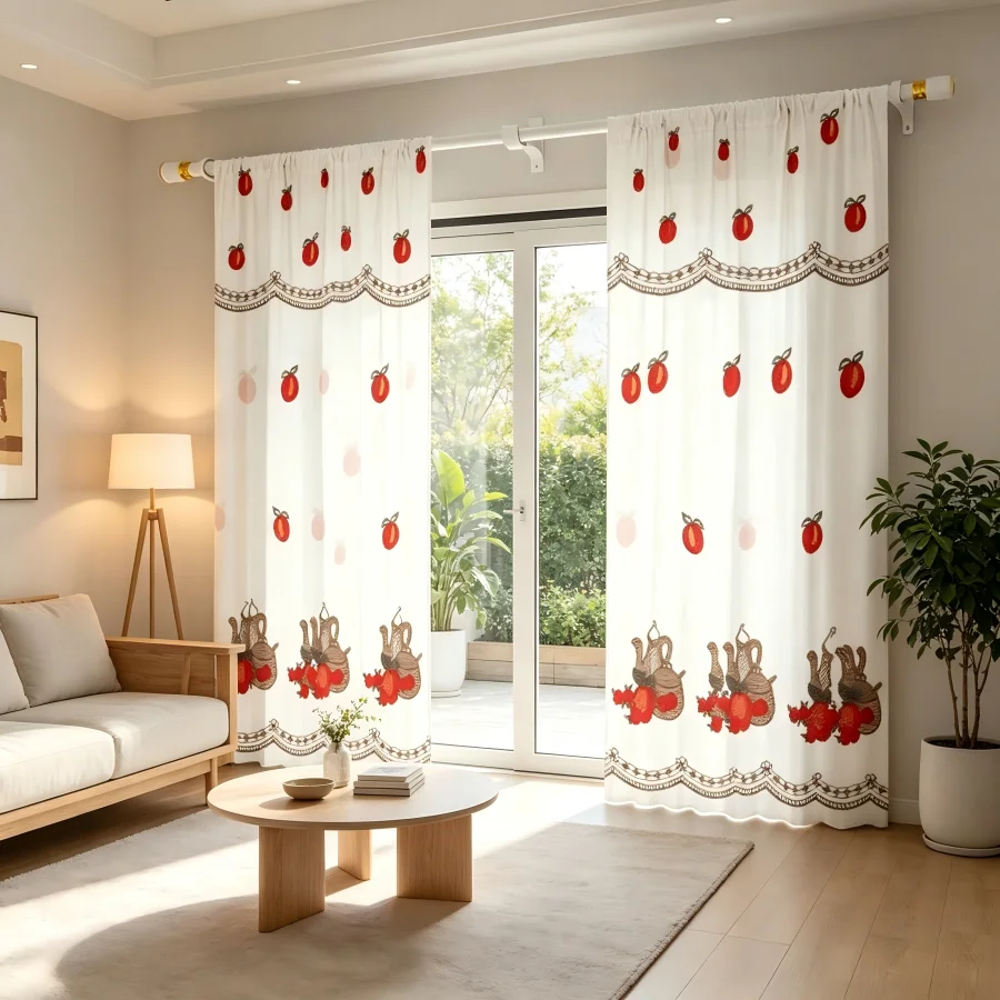 2PCS Digital Print  Curtain, Apple Teapot, Modern Farmhouse Rustic Window Treatment for Bedroom Living Room Decoration