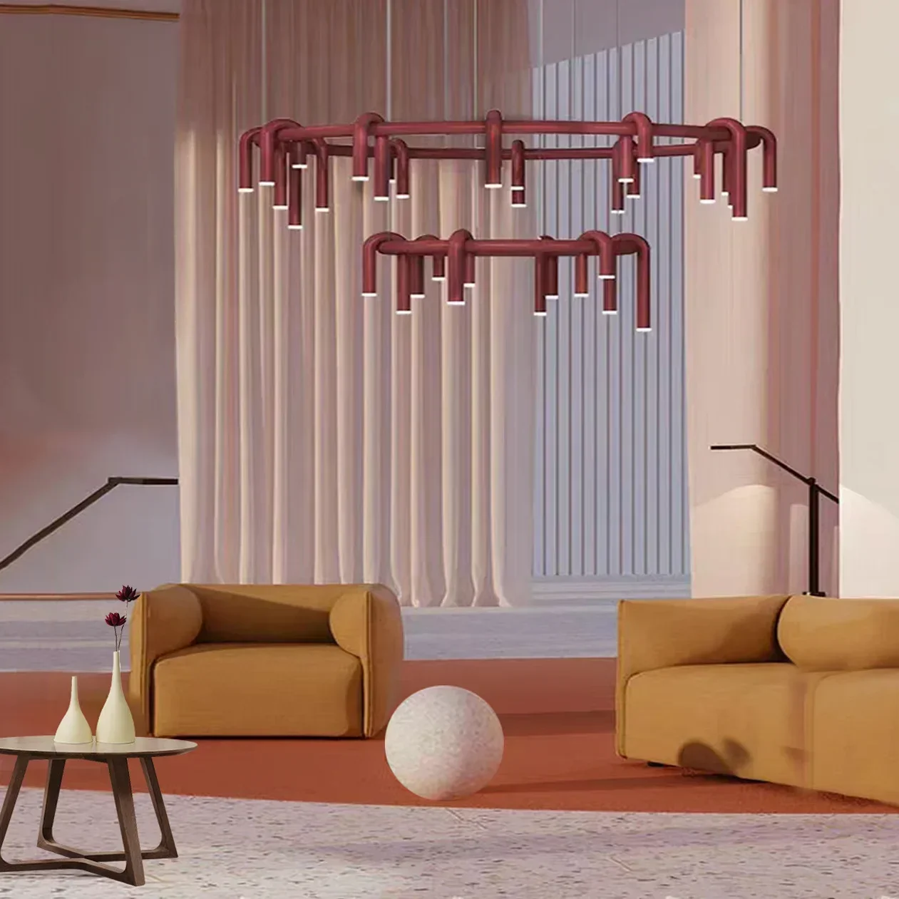 Nordycki Retro Żyrandol w Kształcie Litery U Okrągły Nowoczesny do Salonu Jadalni Sypialni Czerwona Długa Lampa Wisząca Loft Gabinet Oprawy Oświetleniowe LED