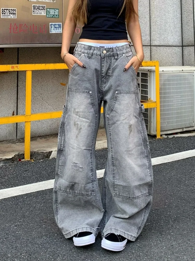 

2025 г., потертые серые мешковатые женские рваные джинсы-карго в американском стиле Y2K, брюки для женской одежды, свободные длинные брюки с широкими штанинами