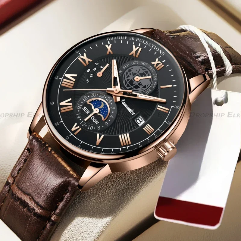 Luxury Man Watch Leather Chronograph Date Men\'s Phase of The Moon Timing Business Luminous Quartz Watch Relojes  Relógios