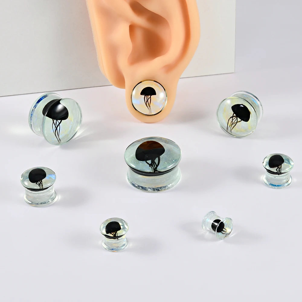 1-2PCS Black Jellyfish& Transparent Foil Decorating Glass Ear Plugs Tunnel Weight Solid Earrings Strengthed Piercing Earring