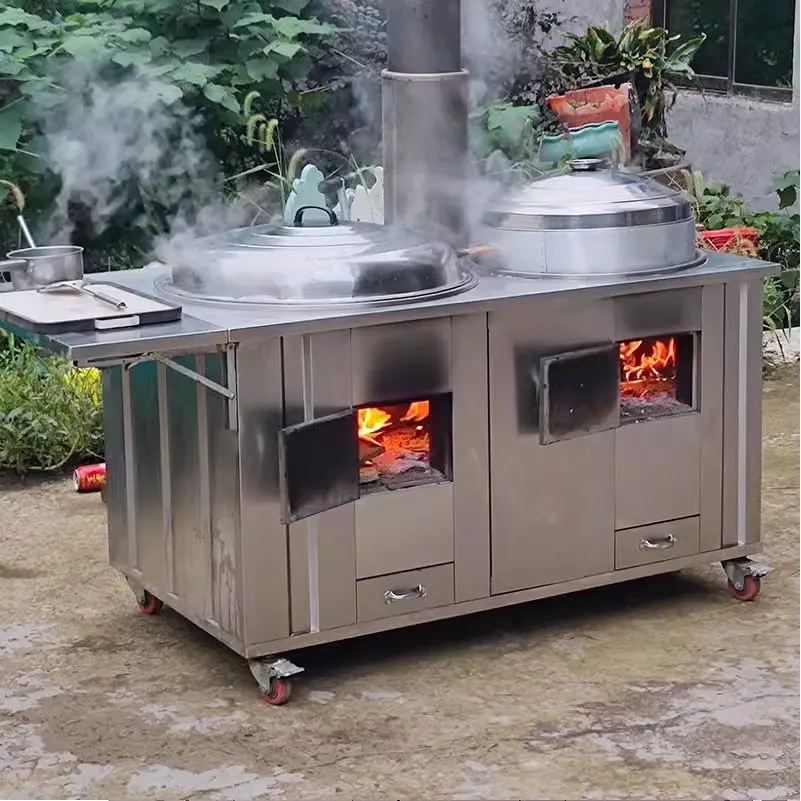 

Rural household firewood burning stainless steel soil large pot platform iron pot ground pot outdoor mobile double furnace
