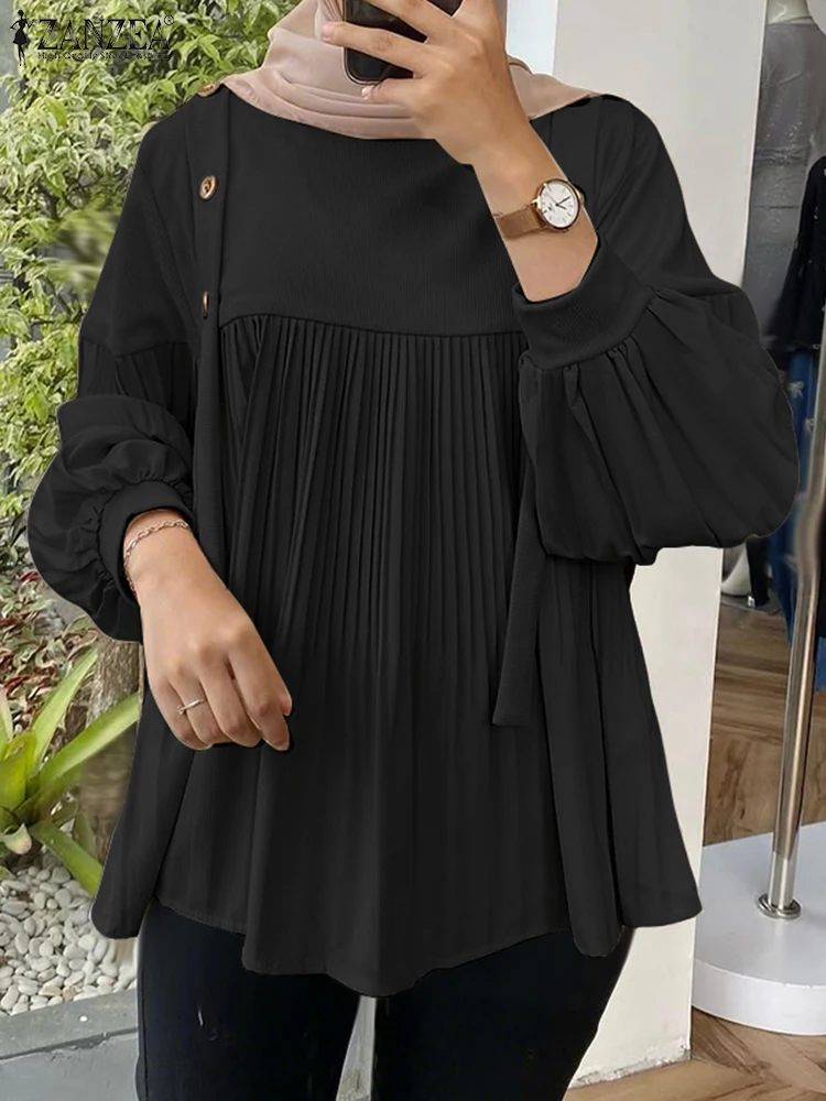 

2025 ZANZEA Stylish Woman Autumn Long Lantern Sleeve Blouse Patchwork Tops Elegant Pleated Work Shirt Muslim Hijab Blouses Mujer