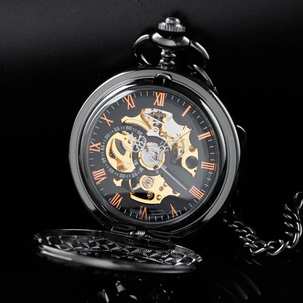 Black Petal Hollow-Out Design Mechanical Manual Pocket Watch Roman Digital Skull Dial Pendant Automatic Antique Clock