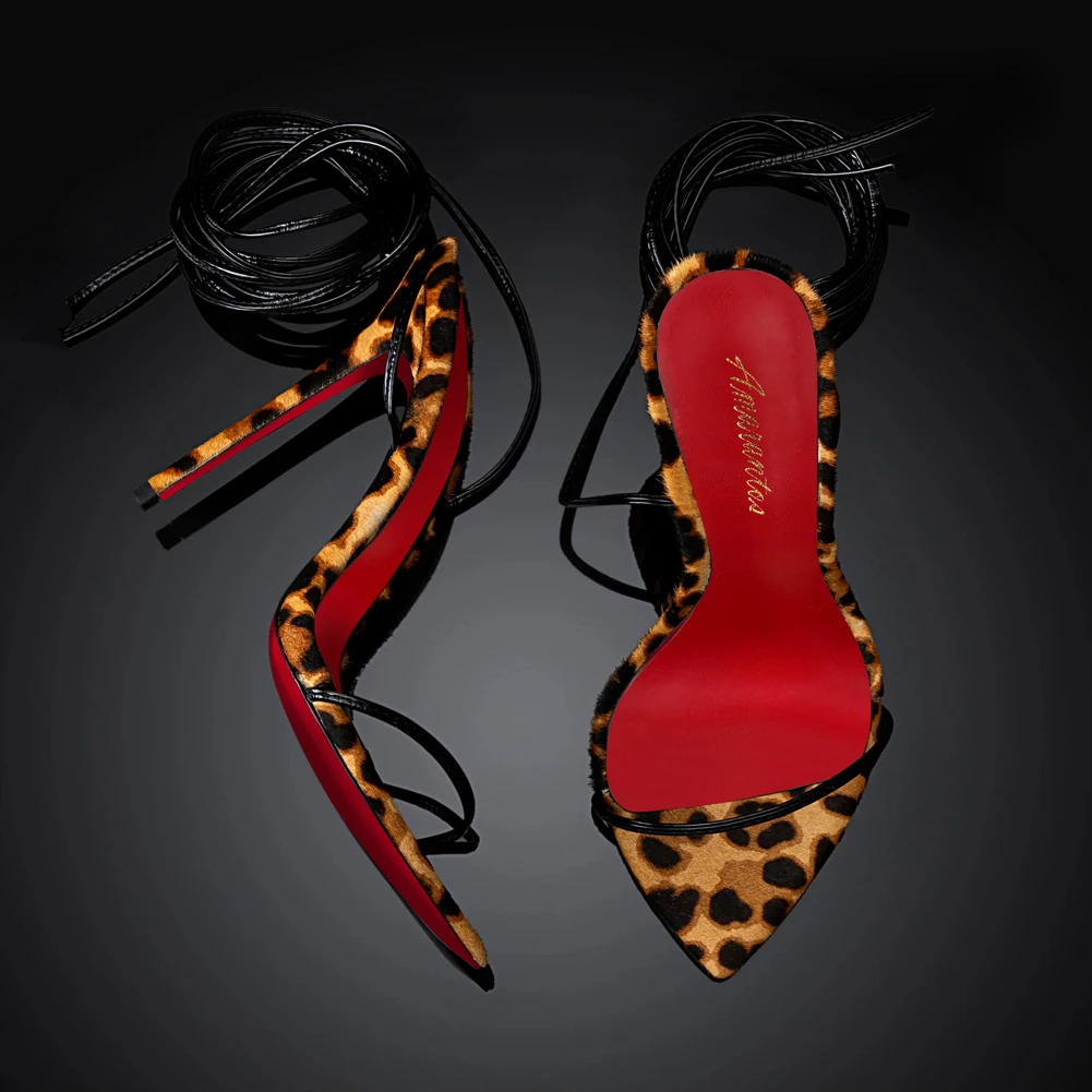 

2025 new 12cm leopard print pointed head strap sexy super high heels sandals large size red sole fashion shoes