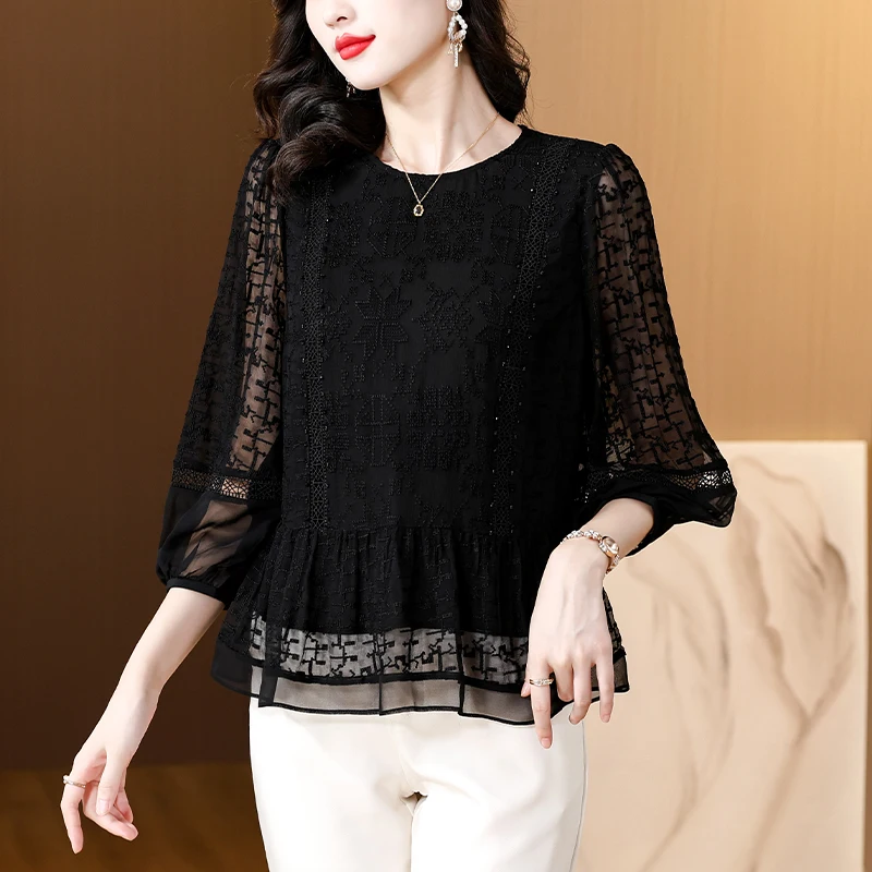 2024 White Silk Embroidery Hollow Out Blouses Spring Autumn Elegant Loose Casual Top Shirts Women Fashion New Features of Shirts